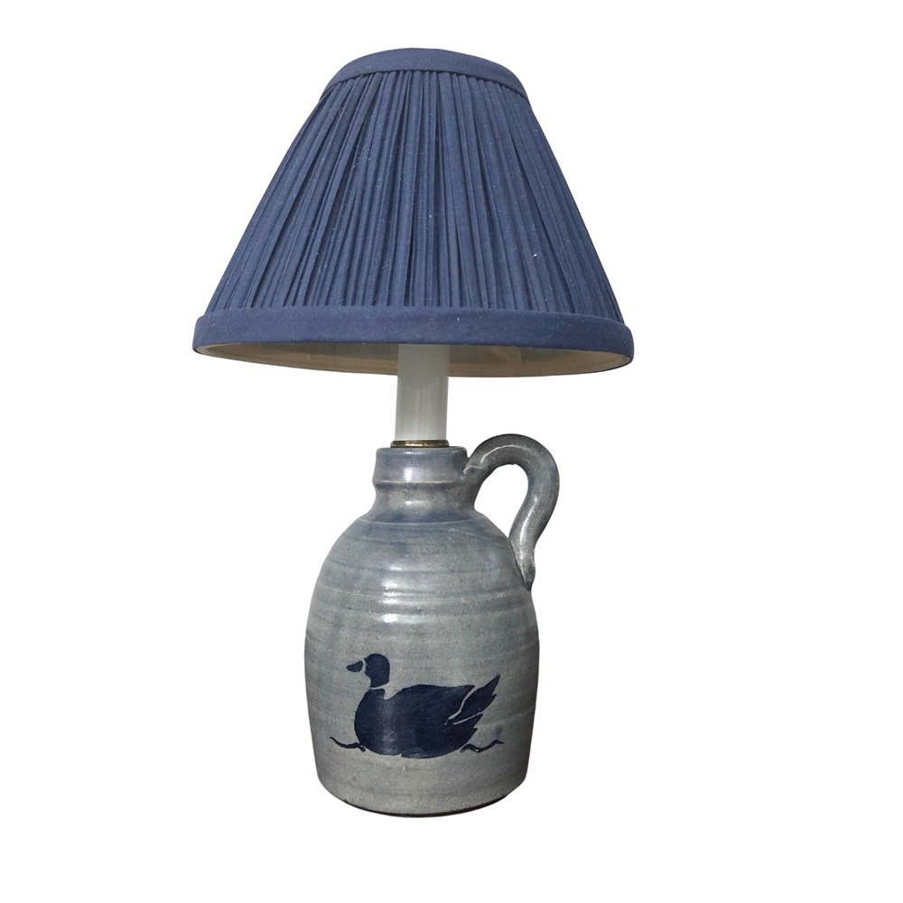 Vintage Salt Glaze Stoneware Jug Lamp Cobalt Blue Duck Pottery Farmhouse Decor
